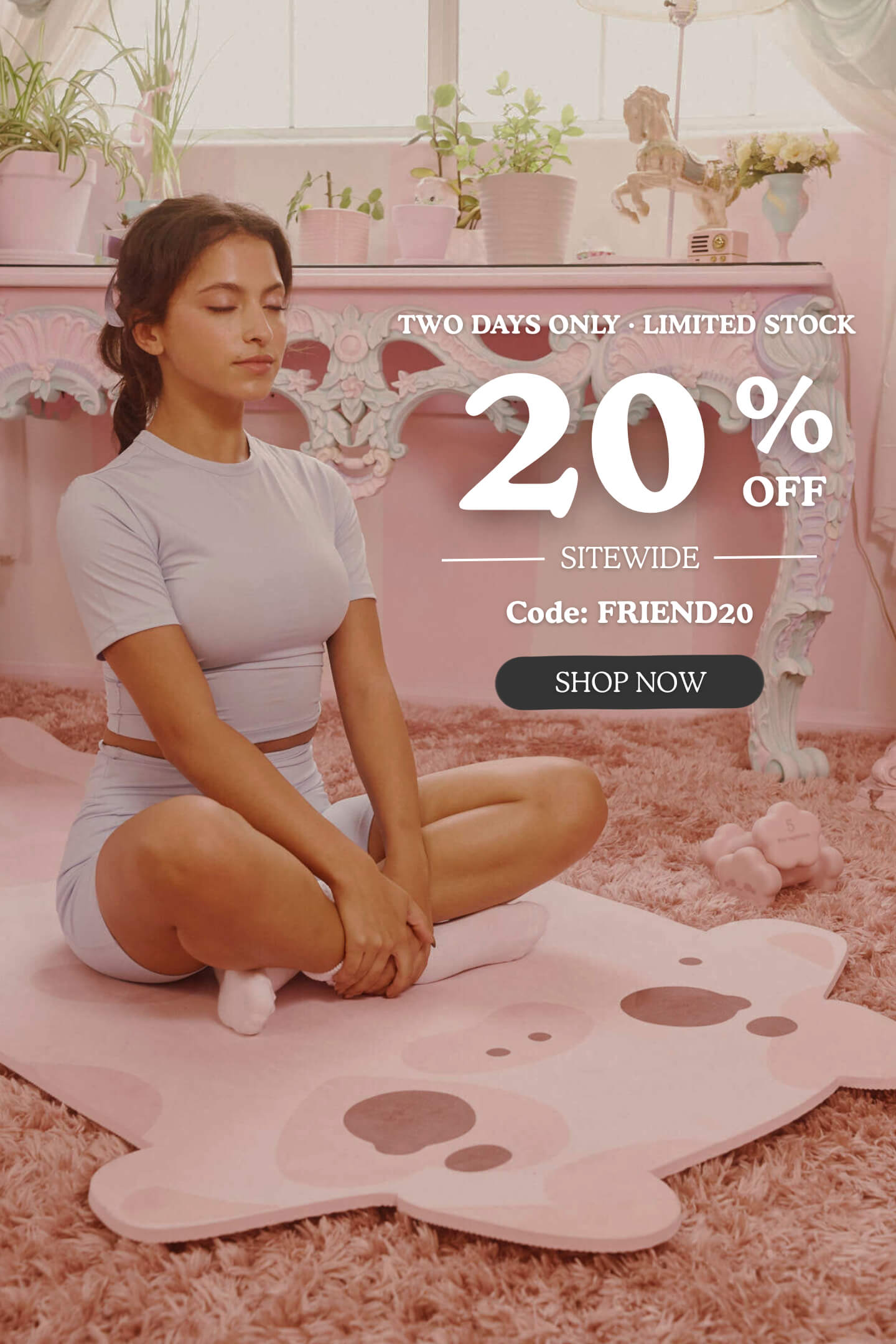 Tiny Protectors pink bear yoga mat woman doing workout in cozy pastel room, code FRIEND20 for sitewide sale.